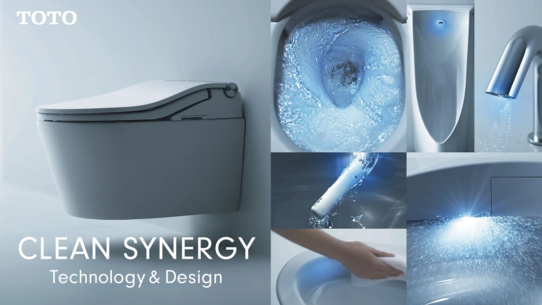 Clean Synergy describes the various hygiene technologies featured in TOTO’s products, all of which combine to ensure the highest standards of hygiene in the bathroom. These include the powerful TORNADO FLUSH, the especially durable CEFIONTECT glaze and sensor-based technologies. Photo: TOTO