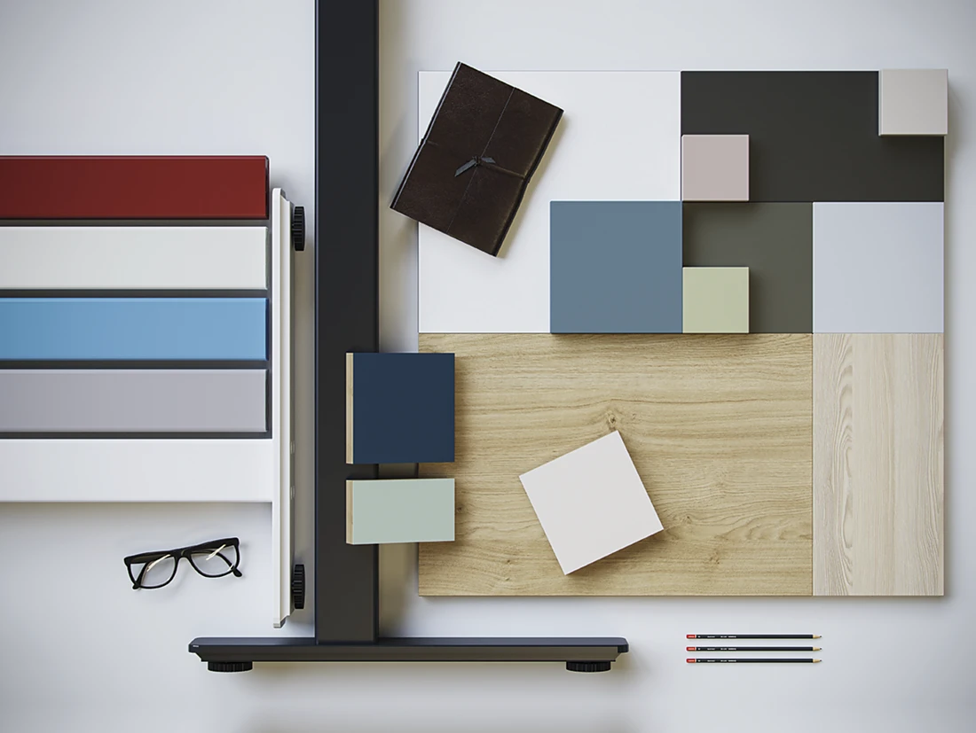 The collage gives an impression of the wide range of options: the JobTisch is available in two sizes and 78 possible colour combinations and surface variations – from veneer and traditional decorative materials through to pleasant to the touch desktop linoleum. Photo: Häfele