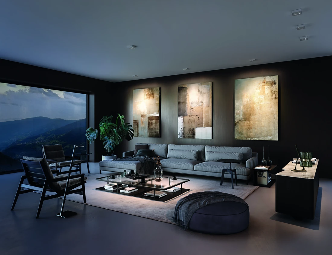 The glare-free Q One wall spotlight is perfect for highlighting large-format paintings – as seen in this view. Available in either black or white, the compact, minimalistically designed body of the luminaire retreats completely into the background. Photo: DesignRaum