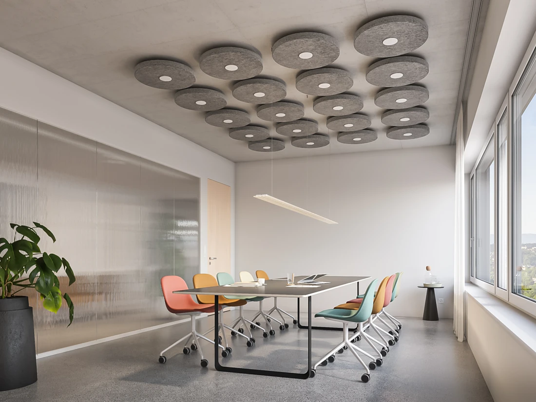 <p><span>Symmetrically arranged Discs in a uniform shade of grey have a calming effect on the eye. The system features clear-cut geometric shapes and a range of appealing colours to help it blend in with the existing interior, and it doesn't take long before a pleasant acoustic climate is achieved in the room. Image: DesignRaum GmbH</span><span></span></p>