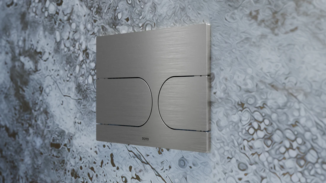 <p><span>Especially slim &ndash; just 6 mm &ndash; the coordinating push plate is made of brushed aluminium and is compatible with the required TOTO frame system. This also makes it possible to manually flush the toilet. The streamlined design and brushed stainless steel finish match the NEOREST WX remote control. Photo: TOTO</span><span></span></p>