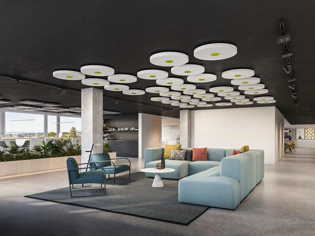 <p><span>The Disc 'n' Dots acoustics system can be varied in different ways. It can be installed directly under the ceiling in a strict grid pattern or suspended from the ceiling at different heights in more versatile, airy arrangements. The Dot enables further customisation with different colours. Image: DesignRaum GmbH</span><span></span></p>