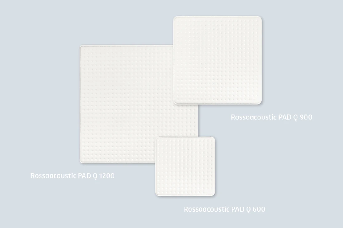 A collage of the Rossoacoustic Pads Q available in the shape of a square. The R (round) version of the Rossoacoustic Pad is also available in three sizes. Photo: Nimbus Group/Frank Ockert