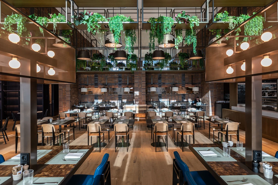 <p>Breakfast space at Assoluto Ristorante &amp; Vineria &ndash; curated with warm lighting and green accents overhead. Photo: TOTO</p>