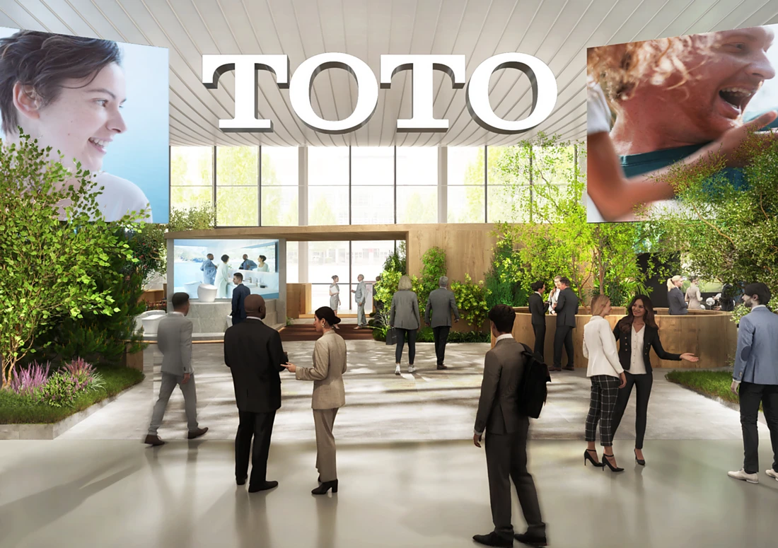 <p><span>TOTO shows the positive impact of their latest sustainable products on modern lifestyles with a booth concept that stimulates the senses &ndash; with light, sound, flowing water and green trees. Photo: TOTO</span></p>
