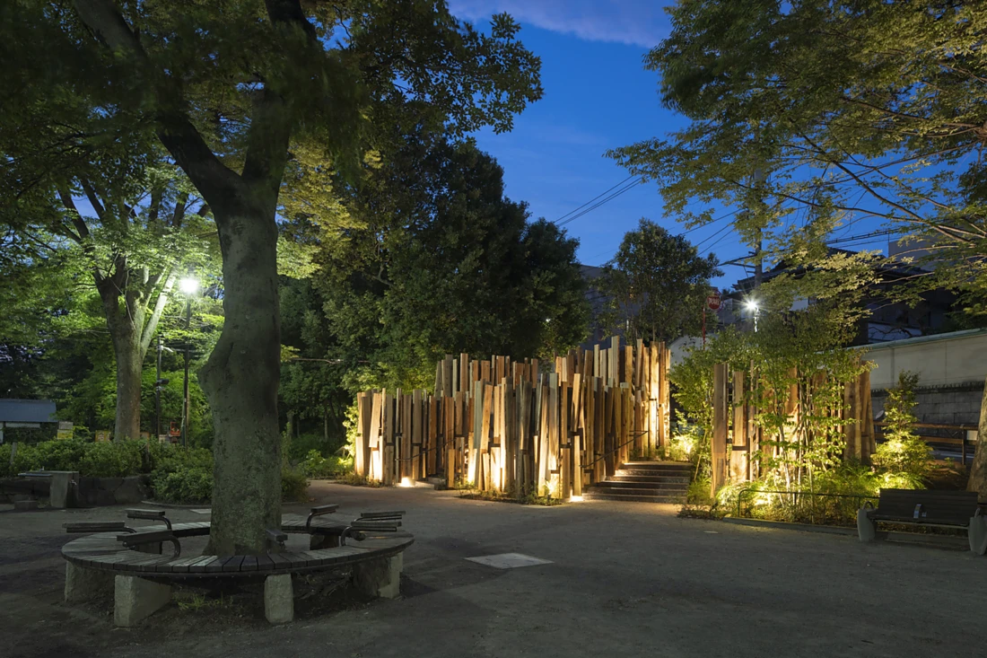 <p>The five toilets designed by famed architect Kengo Kuma are found at the edge of the park. All different heights and slightly offset to each other, allowing people to wander through them as if in a little forest. Photo: TOTO LTD.</p>